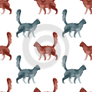 Hand drawn digital watercolor seamless pattern with walking cats. Stock illustration with colorful pets