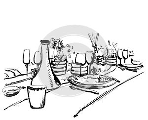 Hand Drawn dinner dishware. Romantic. Food and drink sketch