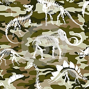 Hand drawn dinosaur skeletons on camouflage background.