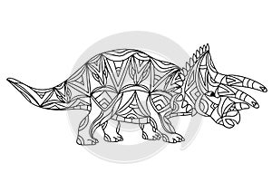 Hand drawn dinosaur triceratops horridus. Coloring book page antistress for adults and children. Prehistoric doodle cartoon animal