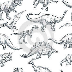 Hand drawn dinosaurs background. Vector seamless pattern. Sketch illustration for textile kids print, fabric design