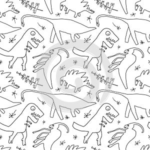 Hand drawn dinosaurs and relict plants. Funny doodle cartoon dino seamless pattern