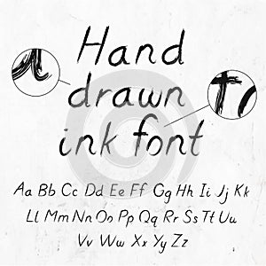 Hand-drawn dirty ink grunge font with alphabet on