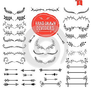 Hand drawn dividers. Line design elements vintage borders. Retro divider, separator vector set Doodle design elements