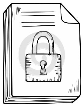 Hand-drawn document file with padlock icon symbolizing data security and privacy protection