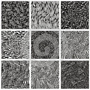 Hand drawn doddle seamless patterns set.