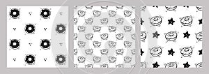 Hand drawn Donut pattern. Set of fast food seamless patterns. Vector illustration