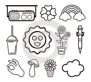 Hand drawn doodle 90\'s Retro groovy element Clipart collection set.