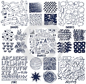 Hand drawn doodle abstract pattern in dark and white style, texture background. Series of figures