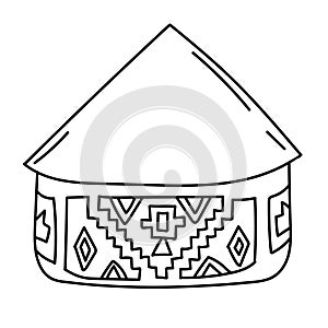 Hand drawn doodle african national hut. Ndebele tribal dwelling. Simple thatched roof and walls with ethnic patterns