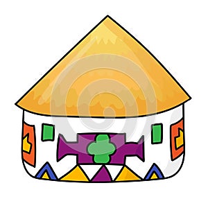 Hand drawn doodle african national hut. Ndebele tribal dwelling. Simple thatched roof and walls with ethnic patterns