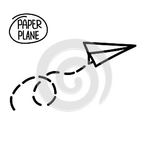 Hand drawn doodle airplane. Black linear paper plane icon