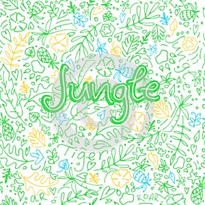 Hand drawn doodle background in jungle theme.