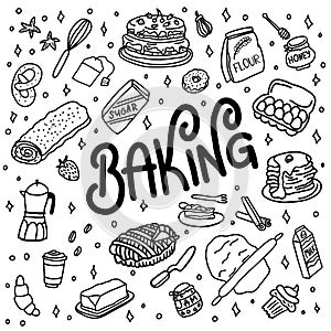 Hand drawn doodle baking, dishes and kitchenware.