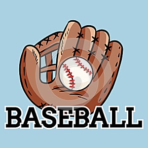 Hand drawn doodle of baseball glove holding a ball. Cartoon style drawing, for posters, decoration and print. Vector illustration