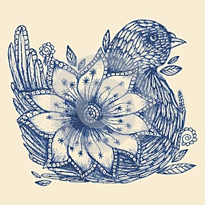 Hand drawn doodle bird and flower