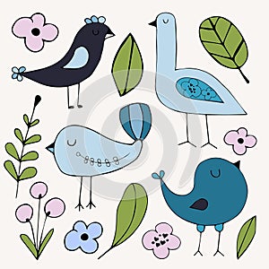 Hand drawn doodle birds set. Abstract vector collection.