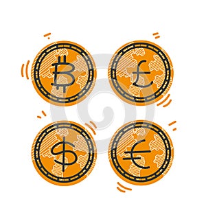 hand drawn doodle bitcoin and money coin currency illustration vector