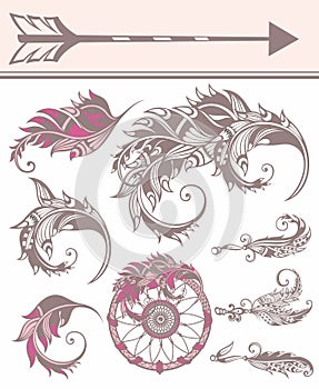 Hand drawn doodle boho style dividers, borders, arrows design elements, dream catchers. Isolated.