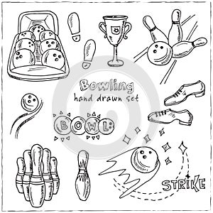 Hand drawn doodle bowling set.