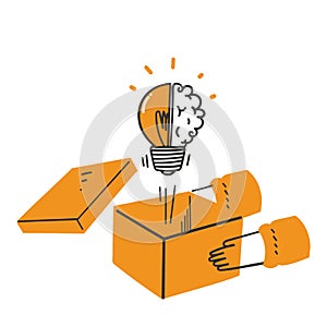 hand drawn doodle brain light bulb out of the box illustration vector