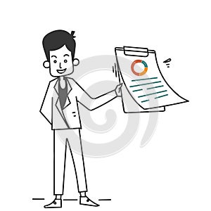 hand drawn doodle businessman holding clipboard pie chart data analysis illustration