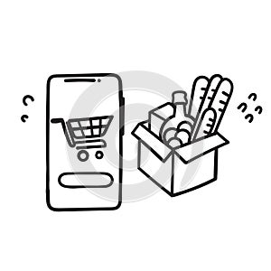 hand drawn doodle buying groceries from mobile icon