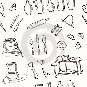 Hand drawn doodle ceramic classes seamless pattern