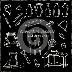 Hand drawn doodle ceramic classes set.