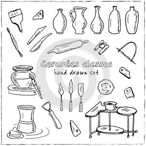 Hand drawn doodle ceramic classes set.