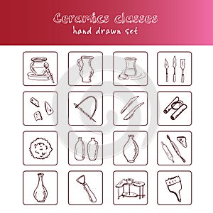 Hand drawn doodle ceramic classes set.