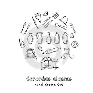 Hand drawn doodle ceramic classes set.