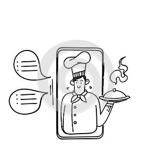 hand drawn doodle chef holding tray on mobile phone illustration vector