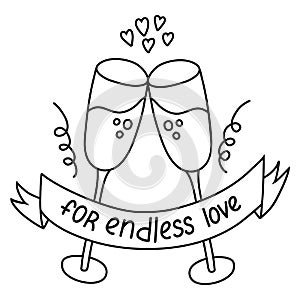 Hand drawn doodle of clink glasses with champagne. Cheers and toast for endless love. Celebration of Valentineâ€™s day and party