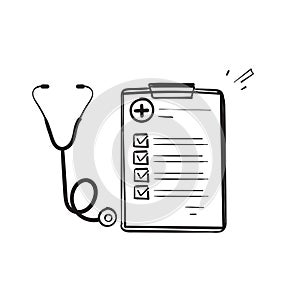 Hand drawn doodle clipboard and stethoscope symbol for medical check up illustration vector isolated