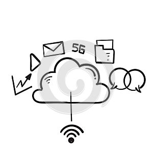 Hand drawn doodle cloud computing server icon concept illustration vector