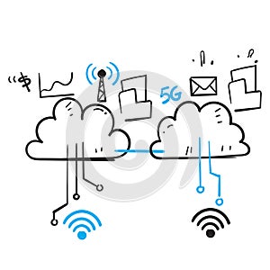 Hand drawn doodle cloud computing server icon concept illustration vector