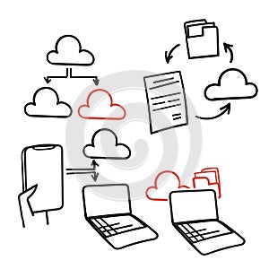 hand drawn doodle cloud file folder document transfer