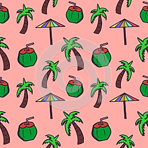 Hand drawn doodle coconut, umbrella, and tree seamless pattern. Summer background wrapping and textile print.