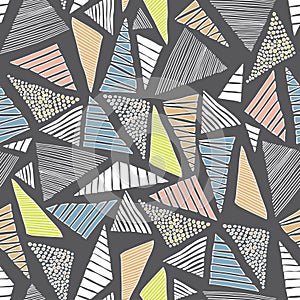 Hand drawn doodle colorful triangles seamless retro pattern background dark