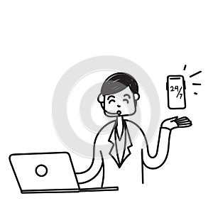 hand drawn doodle customer service agent with laptop and phone illustration