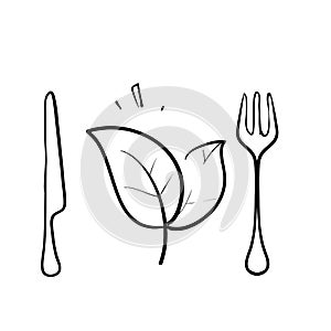 Hand drawn doodle cutlery and leaves illustration icon isolated
