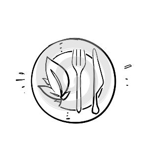 Hand drawn doodle cutlery and leaves illustration icon isolated