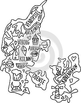 Hand drawn doodle Denmark map. Danish city names lettering and cartoon landmarks, tourist attractions cliparts