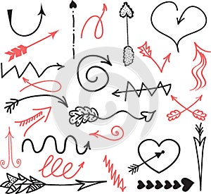 Hand drawn doodle design elements. Hand drawn arrows, frames, borders, icons and symbols. Cartoon style infographics