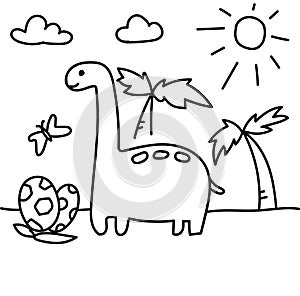 Hand drawn doodle dinosaur brontosaurus near with pal, clouds and dinos eggs.