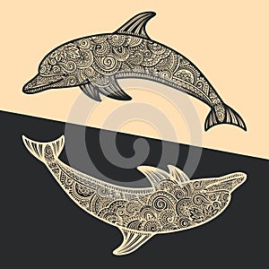 Hand drawn doodle dolphin zen tangle style beautiful doodles. illustration of sea animals