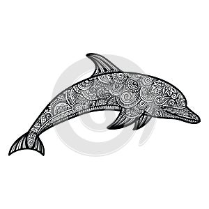 Hand drawn doodle dolphin zen tangle style beautiful doodles. illustration of sea animals