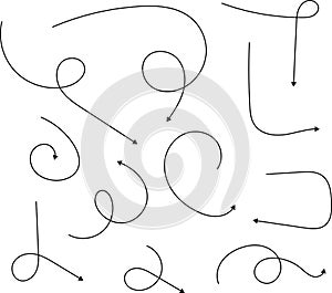 Hand drawn doodle dotted arrows. Hand drawn freehand cartoon different curved lines, swirls arrows. Doodle, sketch style. Vector