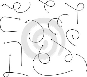 Hand drawn doodle dotted arrows. Hand drawn freehand cartoon different curved lines, swirls arrows. Doodle, sketch style. Vector